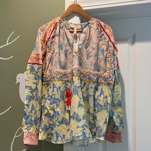 Anthropologie Verb Pallavi Singhee Pinky Yellow, Blue Tassel Peasant Blouse